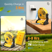 JINLICTE 10400mAh Solar fan with LED Lantern, Camping Fan with Solar Panel, 7W Rechargeable Solar Powered Fan for Outside, Quiet Battery Operated Tent Fan for Picnic, Barbecue, Fishing,Yellow