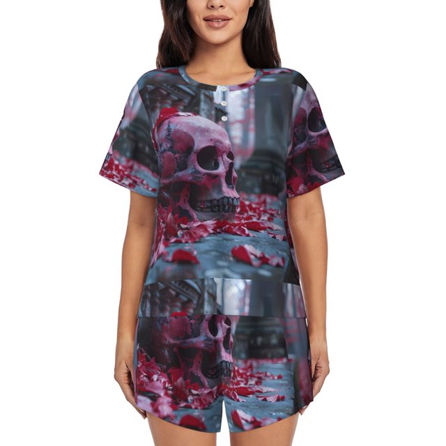 Fotbe Gothic Red Skull Cemetery Conjunto de Pijama Estampado para Mujer, 2 Piezas, Ropa de Dormir con Camiseta de Manga Corta y Shorts Suaves-Large