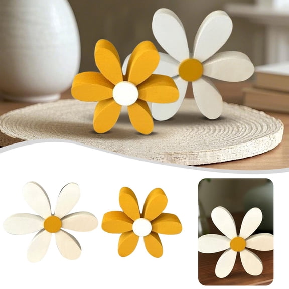 ZenCart 2 Pcs 3D Daisies Decorations Wooden Rustic Flower Centerpieces Freestanding Flower Ornaments Shelf Sitter for Nursery Bedroom or Living Room