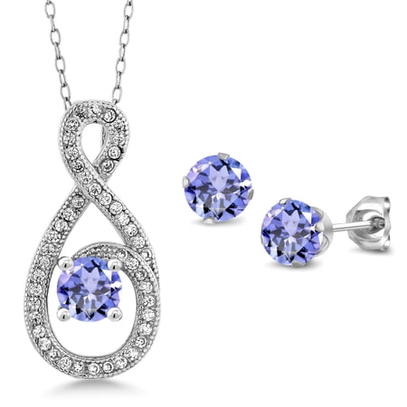 Gem Stone King 1.98 Ct Round Blue Tanzanite 925 Sterling Silver Pendant and Earrings Jewelry Set
