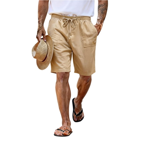 Zimjoy Mens Linen Shorts Casual Drawstring Elastic Waist Summer Shorts with Pockets Baggy Wide Leg Beach Vacation Khaki L