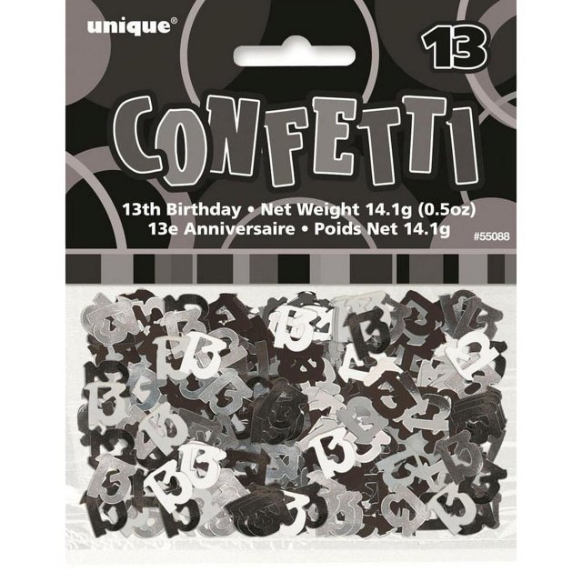 Unique Party - Confeti Diseño Purpurina de Aluminio 13 Cumpleaños (Plateado, Negro)