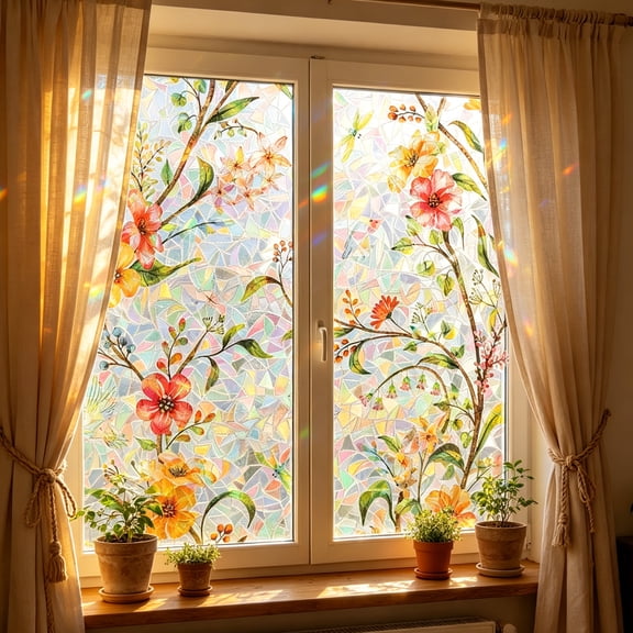 35.4" X 157.5" 3D Window Privacy Film, Stain Glass Decorative Window Film, Static Cling Non-Adhesive,,Flower Decals Window Stickers, Heat Blocking Reusable Window Tint for Home