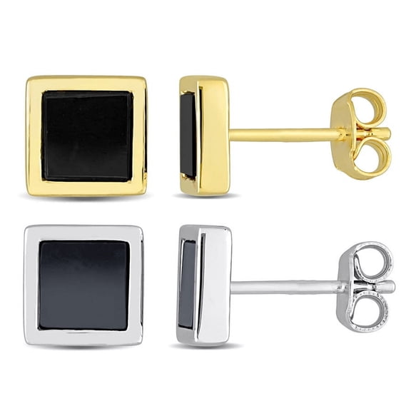 Amour Men's 2-Piece Set 2ct Black Onyx and Hematite Square Stud Earrings in Yellow and Sterling Silver