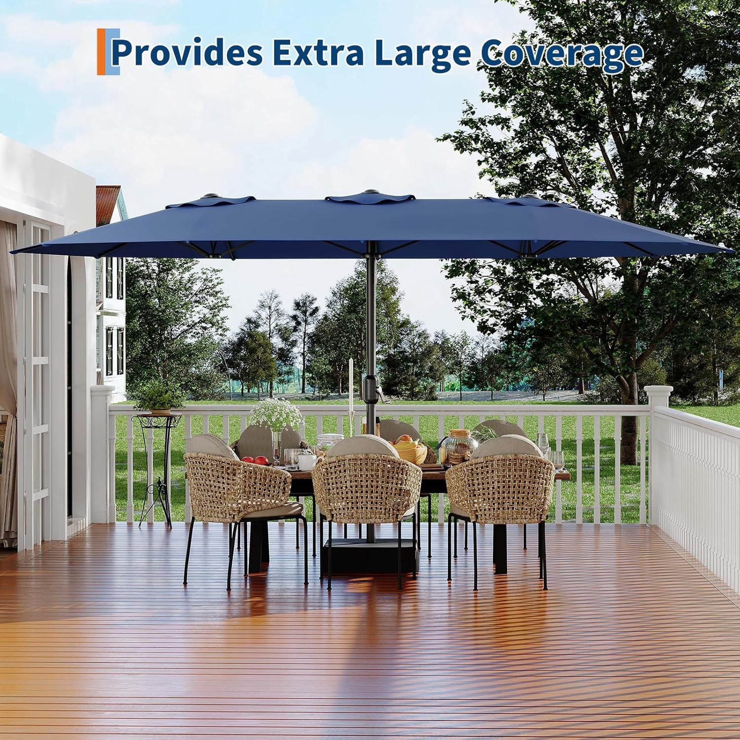 ChaoLink 15ft Large Patio Umbrella with Base & Solar Lights-Rectangular Patio Umbrella with Crank Handle, UV Protection for Outdoor Market