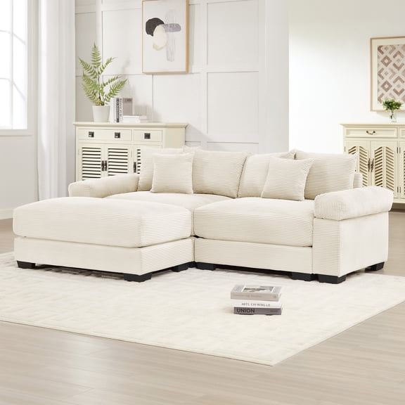 2-seater 92" Oversized Cloud Modular L-Shape Sectional Couch, Soft Corduroy Fabric with an Ottoman, Deep Seat Wide Armrests,Ergonomic Design,6 Throw Pillows, Easy Assembly, for Living Rooms (White)
