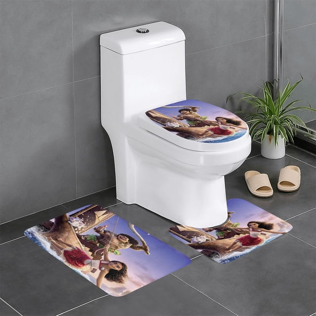 Moana 2 Juego de 3 alfombras de baño de coral fleece: tapete de baño + alfombra de inodoro en forma de U + funda de tapa de inodoro en forma de O