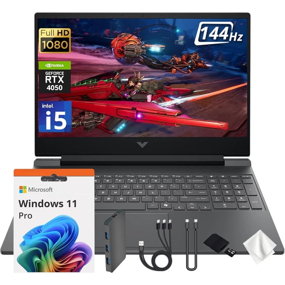 HP Victus 15.6" 144Hz FHD Gaming Laptop, Intel i5-13420H, NVIDIA GeForce RTX 4050 GDDR6, 16GB DDR4, 512GB SSD, Backlit Keyboard, WiFi 6, Windows 11 Pro, Silver, 1TB Docking Station Set