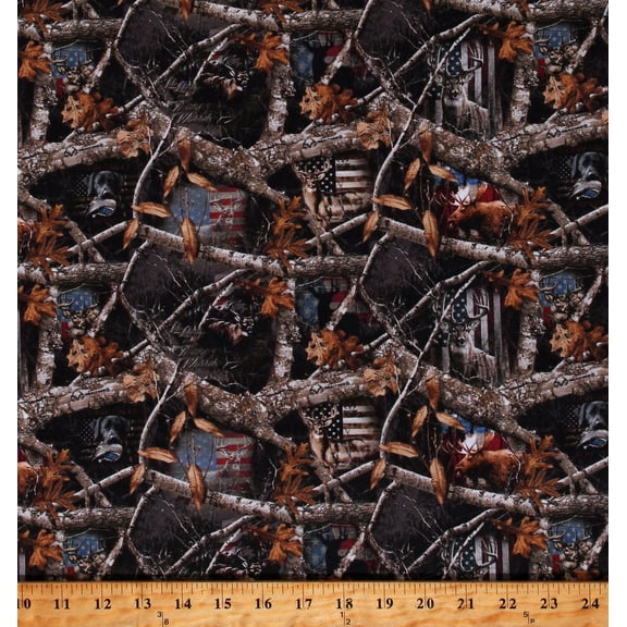 Cotton Realtree Camo Camouflage Patriotic Flags Dogs Deer Moose Animals Multicolor Cotton Fabric Print by the Yard