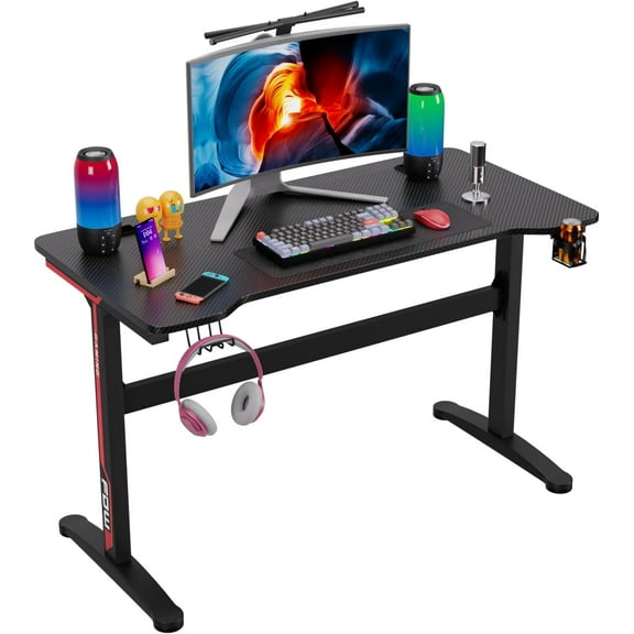 FDW Writing Office Student PC Desk Extra Large Modern Ergonomic Racing Style Table Workstation Carbon Fiber Cup Holder Headphone Hook, Red