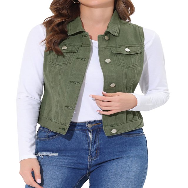 Allegra K Women‘s Washed Chest Flap Pockets Single Breasted Denim Vest Jacket