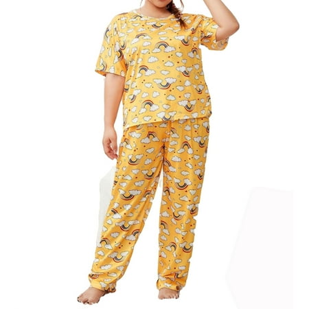 

Womens Plus Pajamas Sets Heart Print Pant Sets Sleepwear PJ Set Yellow 3XL