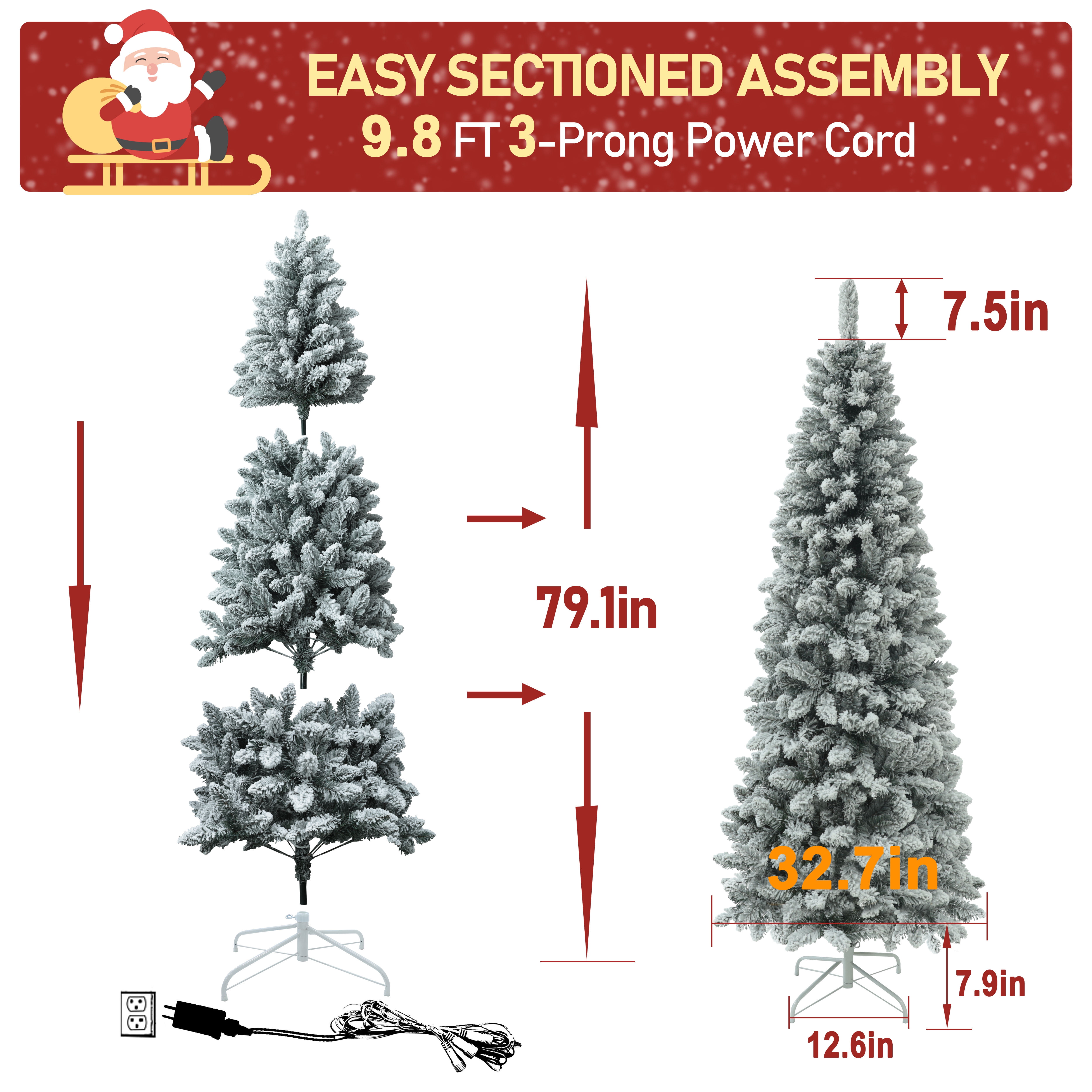 VEIKOUS 6ft Christmas SlimTree, Prelit Pencil Tree Snow Flocked for Holiday Decor W/200 LED Lights & 600 Tips, Green