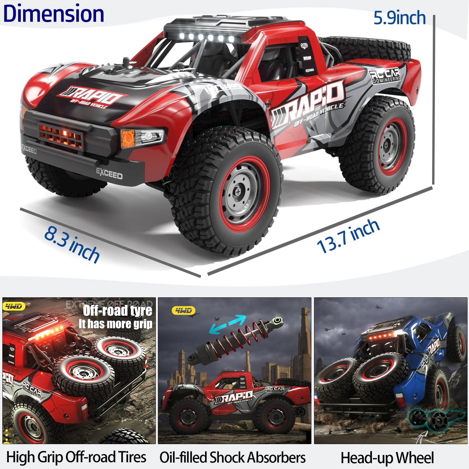 Q130 1:14 RC Truck 30 MPH 4WD All Terrain Trophy Car for Adults Teens, 50 Mins Play Fast Off-Road Buggy with 2 Batteries