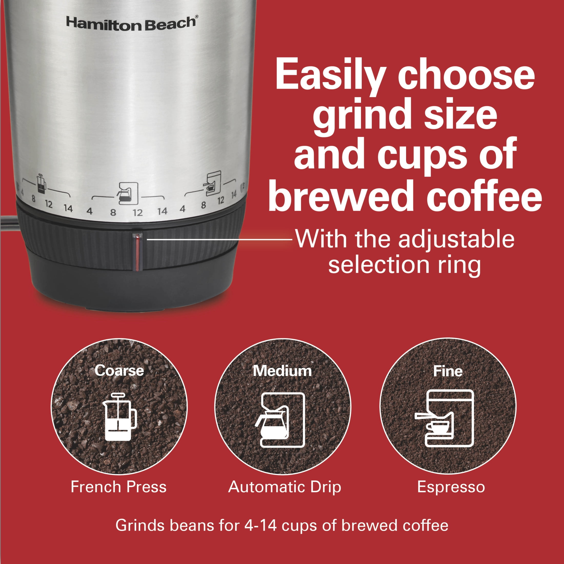 Hamilton Beach Custom Grind Electric Coffee Grinder, 14 Cups, Stainless Steel