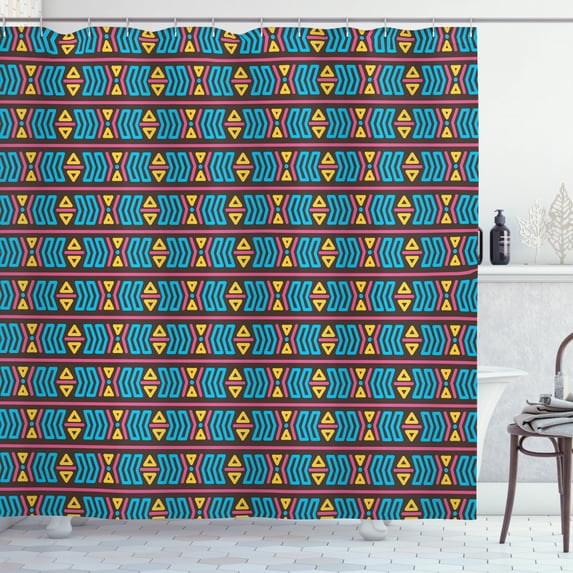 Aztec Shower Curtain, Tribal Motif Pattern with Indigenous Primitive Shapes Stripes and Triangles Print, Fabric Bathroom Set with Hooks, 69W X 75L Inches Long, Multicolor, by Ambesonne