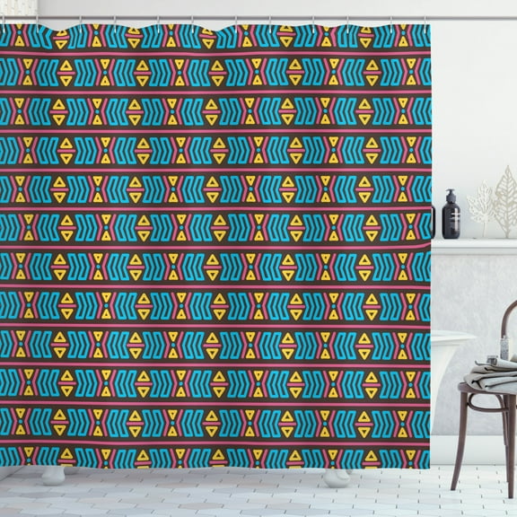 Aztec Shower Curtain, Tribal Motif Pattern with Indigenous Primitive Shapes Stripes and Triangles Print, Fabric Bathroom Set with Hooks, 69W X 84L Inches Extra Long, Multicolor, by Ambesonne