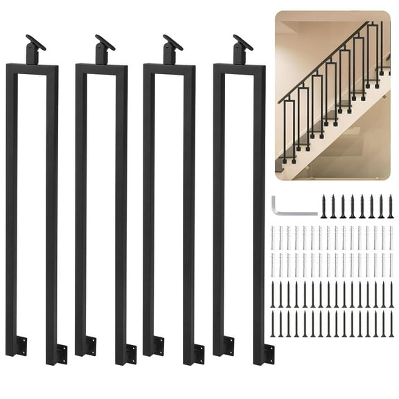 4 Pack U Shape 38.6" Stair Balusters with Adjustable Top Bracket for Staircase Interior, Side Mount Industrial Iron Balusters for Stair Handrail Porch Deck Railing Outdoor Steps