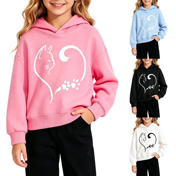 Spazoro Girls Pullover Hoodie with Pockets, Long Sleeve Hooded Neck Soft Cat Heart Graphic Print Relaxed Fit Trendy Casual Sweatshirt for Kids Pink Size 5-6