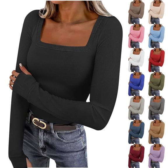 Otntypg Womens Long Sleeve Shirts Square Neck Tops Trendy Solid Color Ribbed Knit Basic Slim Fit Going Out Tops Fall Spring Outfits Fashion Clothes with Thumb Hole Light Blue XXL
