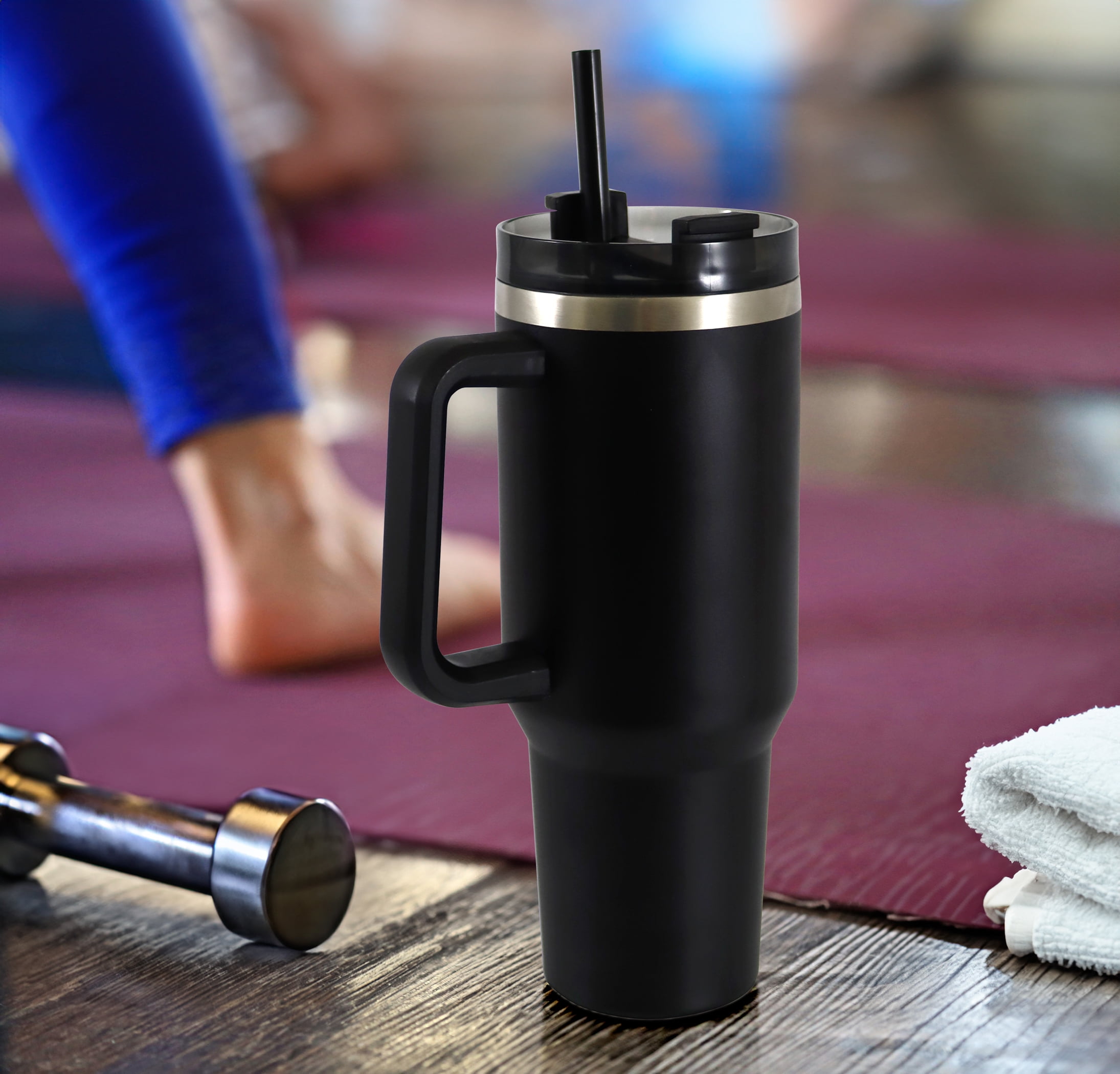 Mainstays 40 oz Stainless Steel Tumbler with Straw, Handle and Double-Wall Insulation, Black