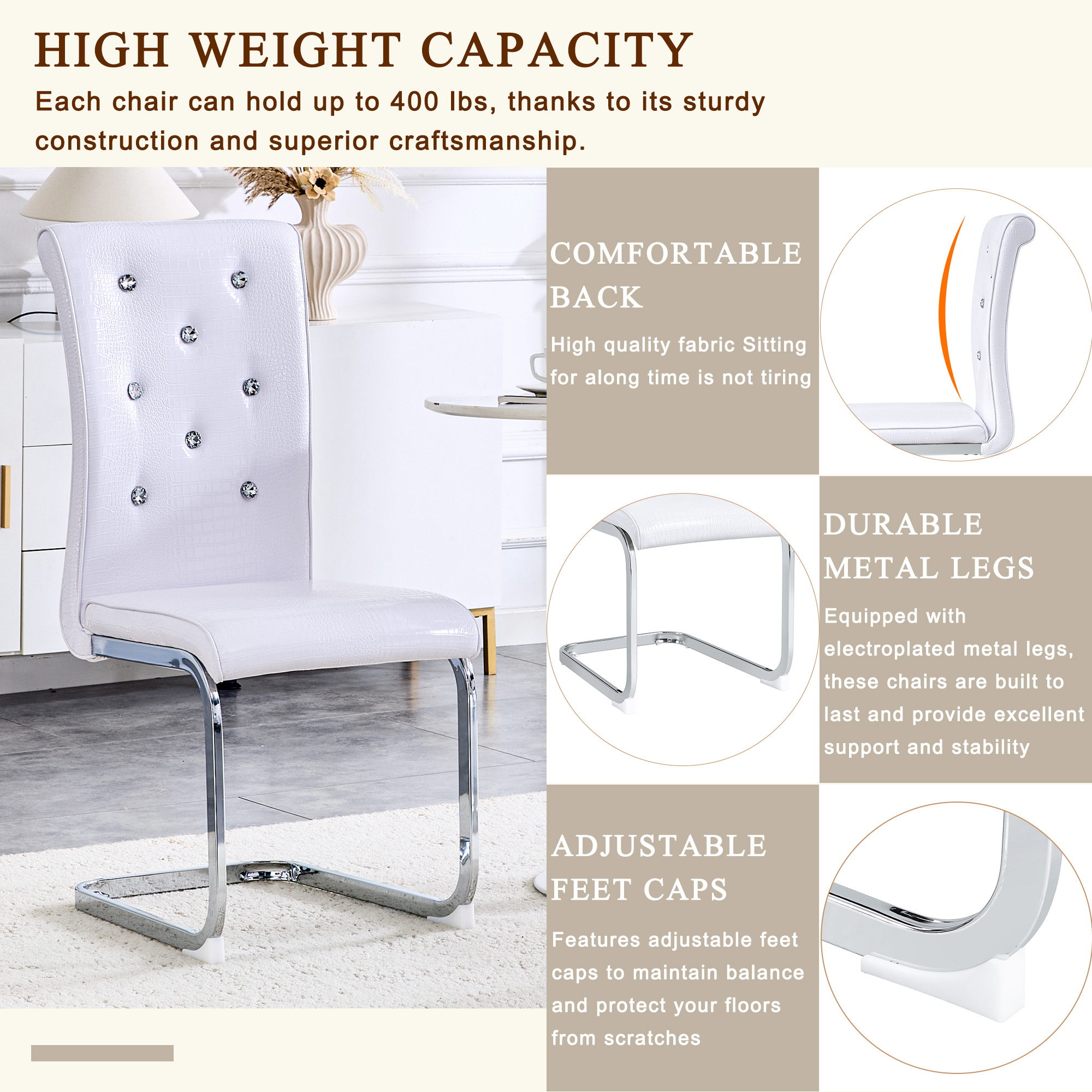 Alvantor Dining Chairs Set of 2, Retro Leather Chairs with Crystal Buckle , Upholstered Accent Chairs for Dining Room & Kitchen White