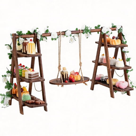 Wooden 3 Tier Cupcake Stand, Cupcake Stand with Swing and Flower Decoration, Removable Trays, Swing Frame, Removable Trays, Perfect for Cake, Snacks, Fruit, Bread