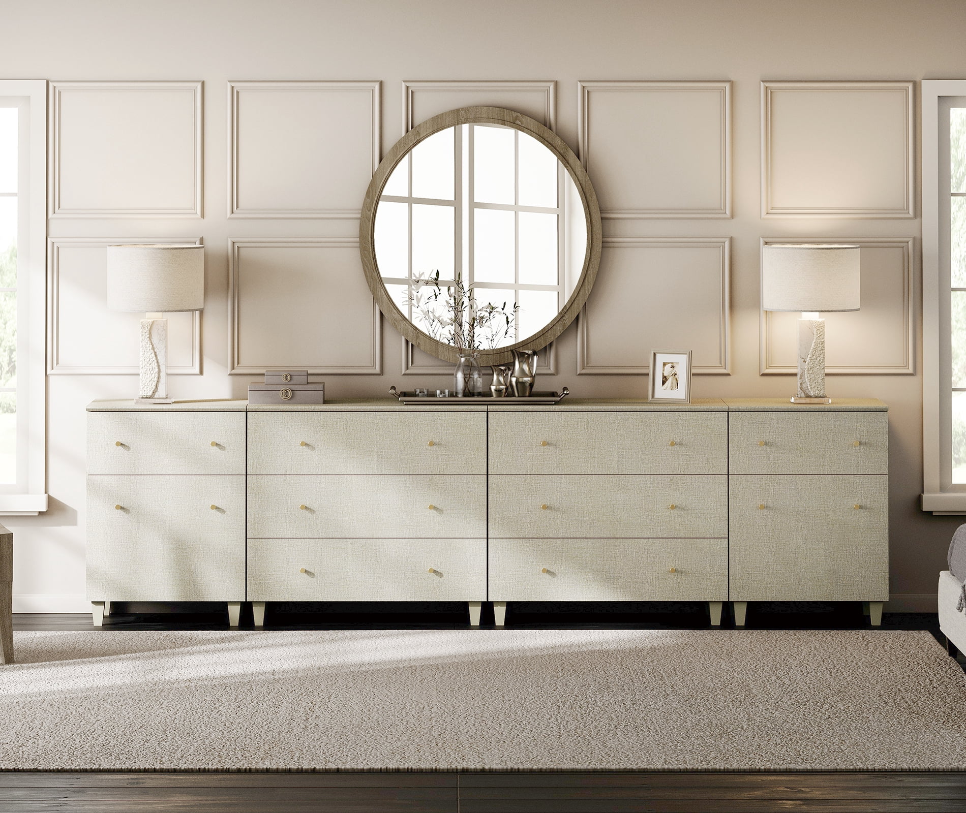 WAMPAT Wood Dresser with 8 Drawers and 2 Cabinets for Bedroom, Modern Chest of Drawer, 118" Wide, Beige Linen Printed Finish
