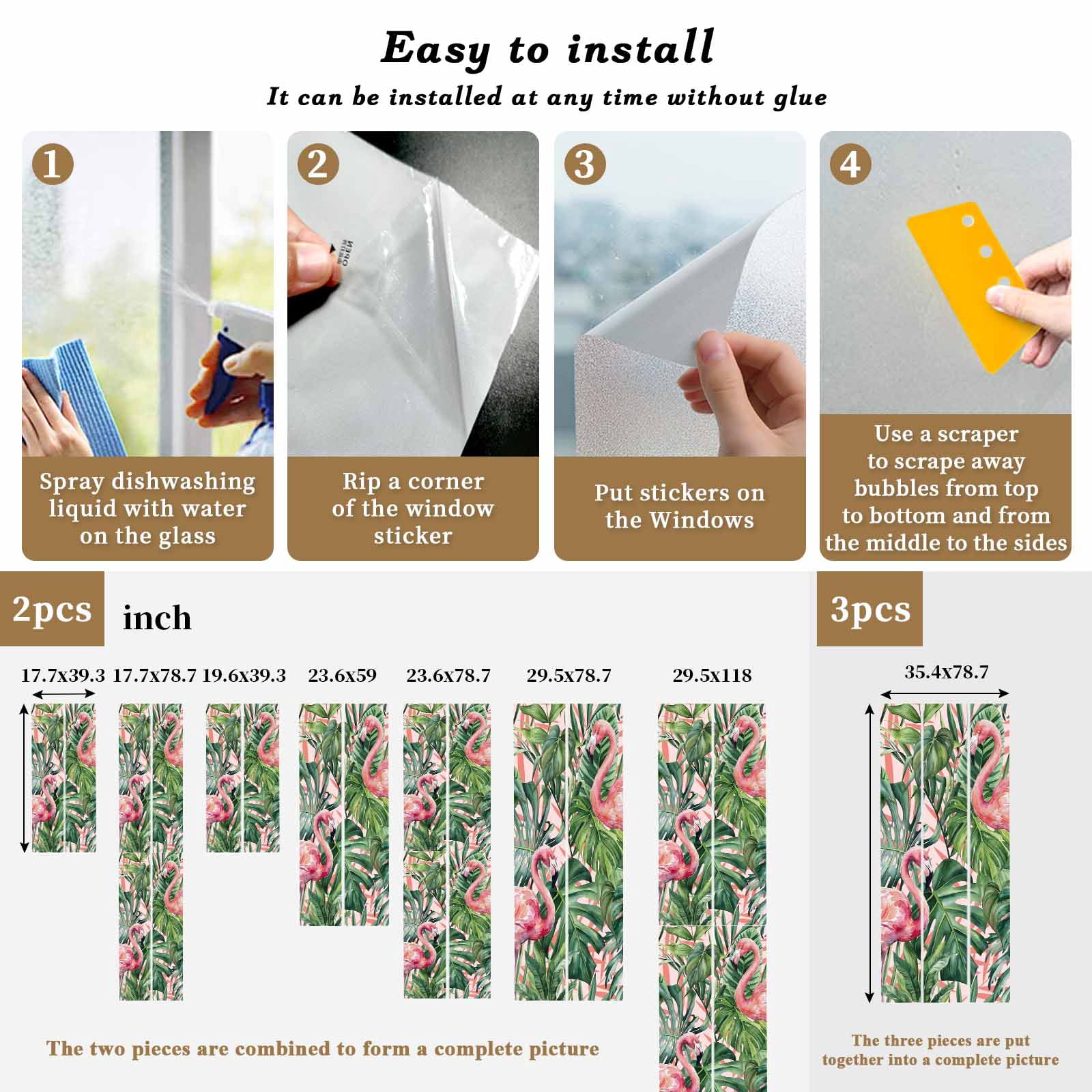 Pink Flamingo Window Privacy Film, Country Tropical Animal Green Monstera Leaf Plant Farm Frosted Glass Window Clings Static Cling UV Heat Blocking Reusable Door Sticker for Bathroom 23.6 x 59 Inch