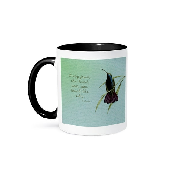 3dRose, Hummingbird vintage with Rumi quote inspirational art, 11oz Two-Tone Black Mug