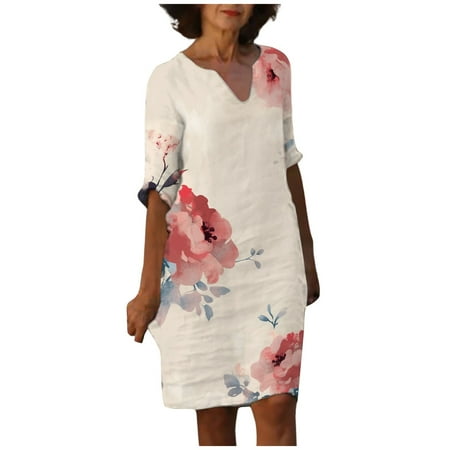 Blphud Cozy Dresses plus Size Dress for Women Casual Women s Summer Print Casual V Neck Dress Beach Short Sleeve Dress Women Dresses Summer Dresses Pink L