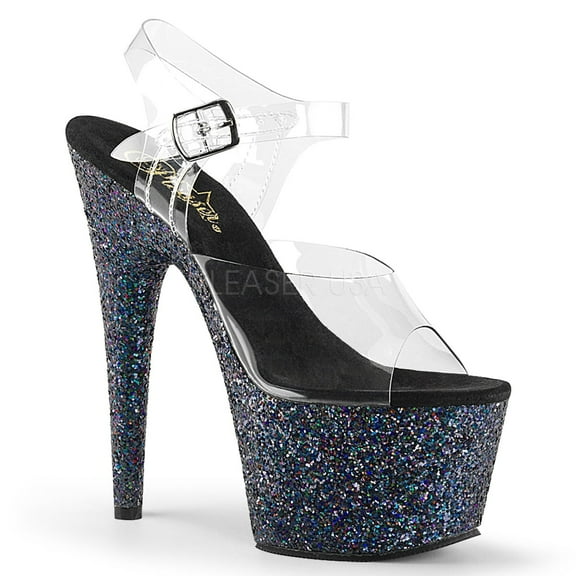 7" Heel, 2 3/4" PF Ankle Strap Sandal w/ Holo Glitter Bottom - Clr/Blk Holo Glitter, 11