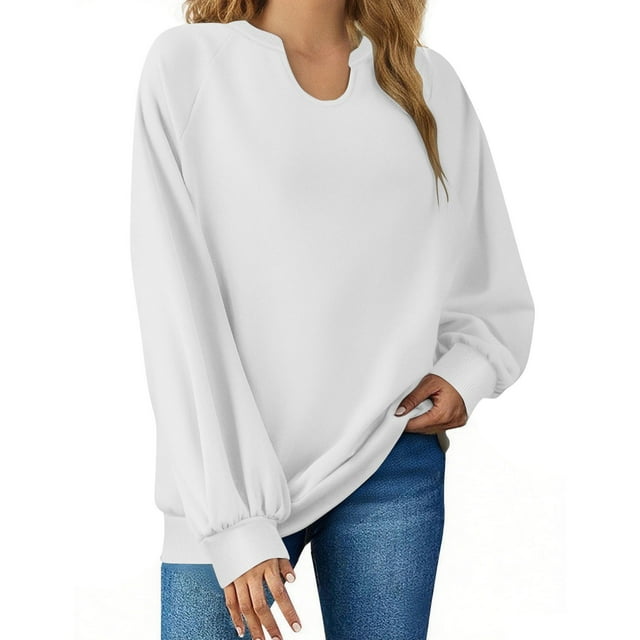 aidice Chandails en Molleton Oversize pour Femmes Col en V Manches Longues Hauts Automne Ample Décontracté Chandail d'Entraînement