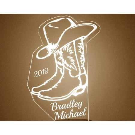 

Light Up Cowboy Boots and Hat Custom Engraved LED Night Light Personalized Free 16 Color Options With Remote Control Western Decor
