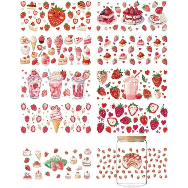 10 hojas de envolturas UV DTF de fresa, envolturas UV DTF de tarta de fresa, calcomanías de transferencia para frotar con helado de fresas rosas