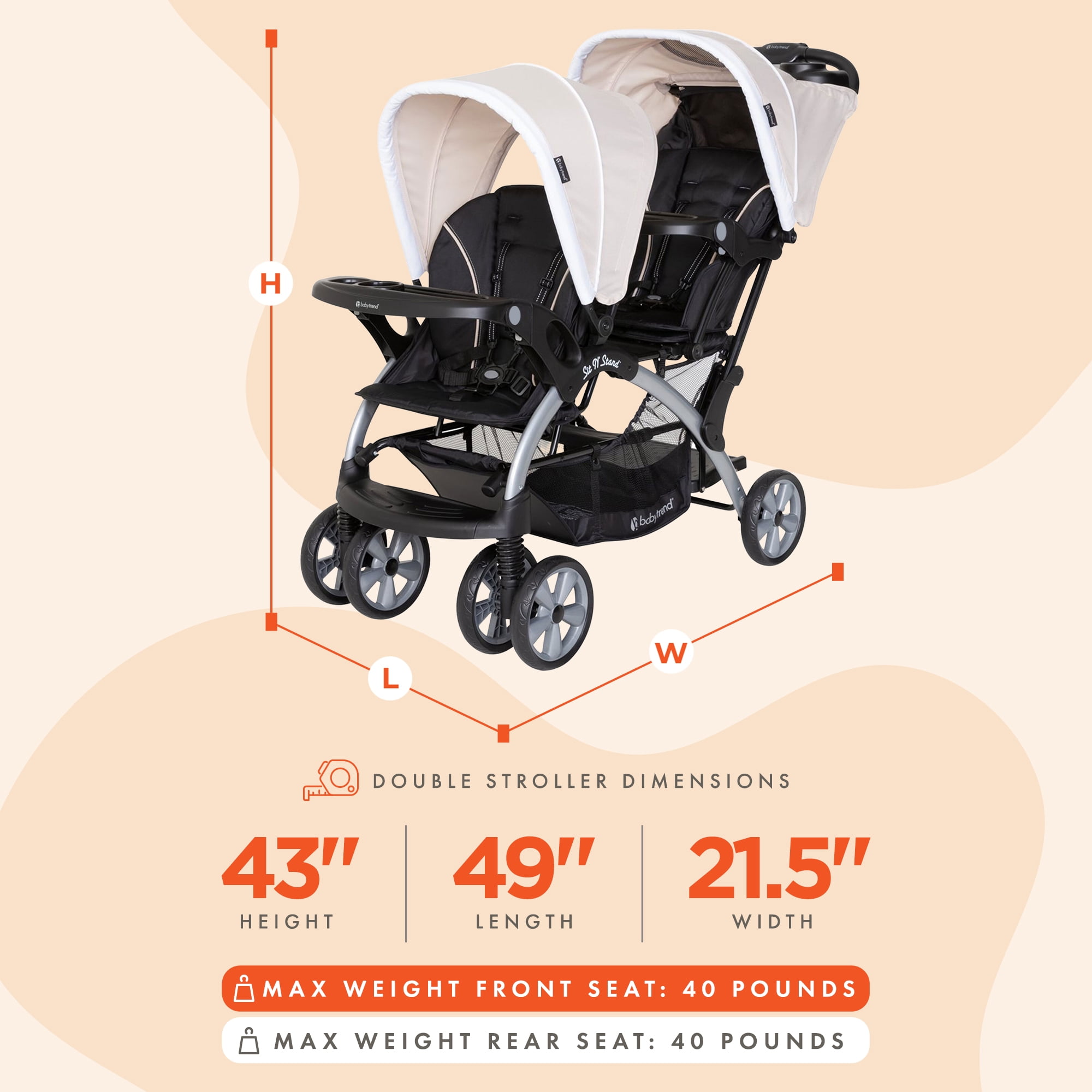 Baby Trend Sit N' Stand Easy Fold Travel Toddler  Baby Double Stroller, Khaki