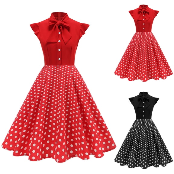 Swuxness Women Sleeveless Vintage Dress, Women Mid Length Evening Gown, Women's Vintage Floral and Polka Print Elegant Fitted Waist Formal Evening Gown Dress Black, XL