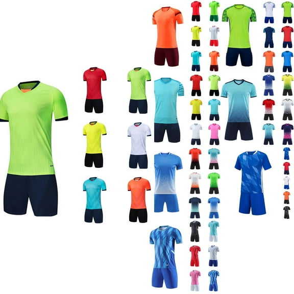 Antinious Toddler Outfits Boys Girls Summer Short Sleeve Round Neck Soccer Style Top   Elastic Waist Shorts Breathable Wicking Sports Set,Outfits for Kids,Boys Girls Sleepwear Set,Blue,S