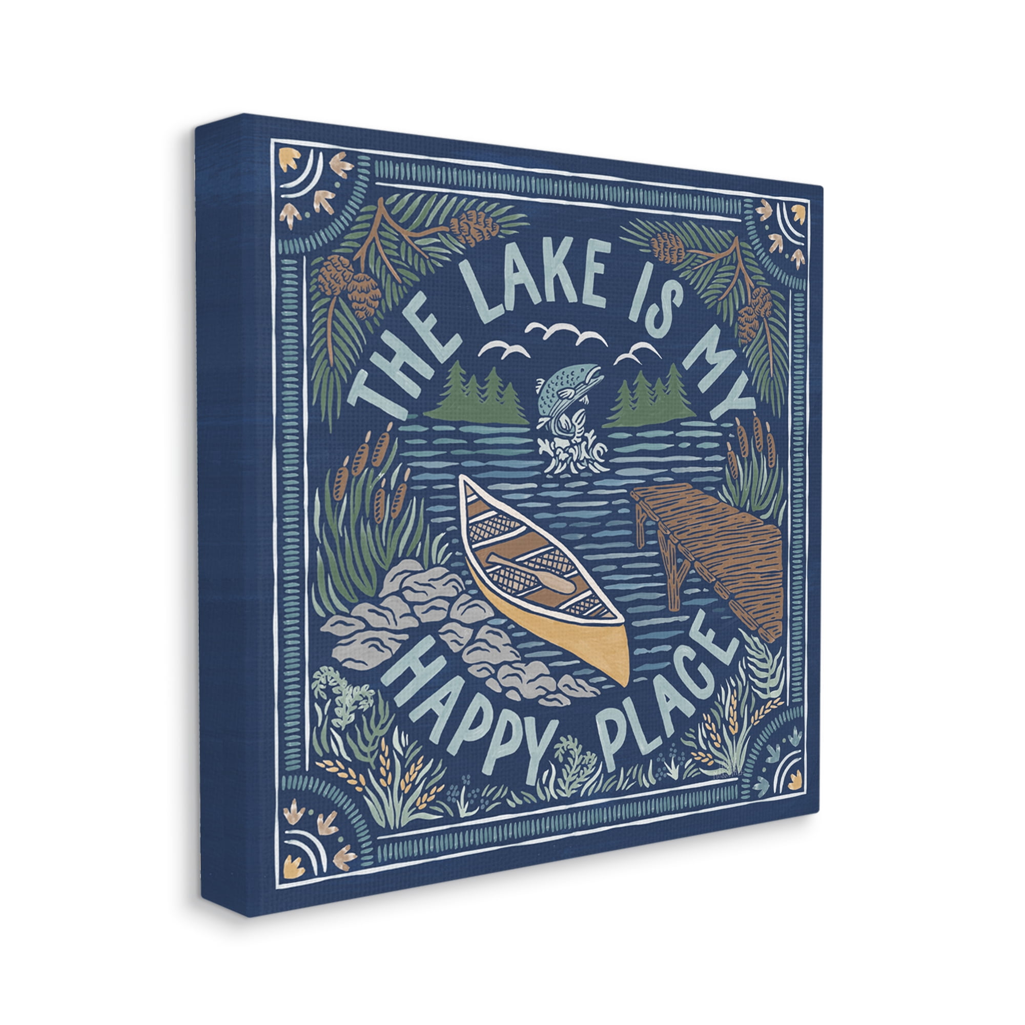 Stupell Industries Lake Happy Place Phrase Nature Painting Gallery Wrapped Canvas Print Wall Art, 24 x 24