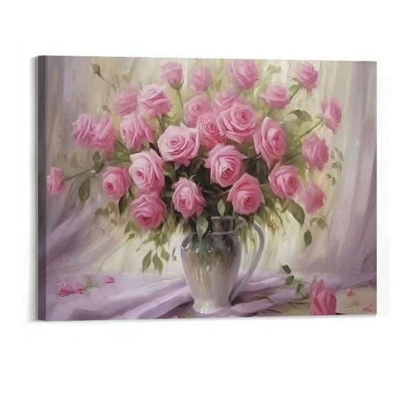 Creowell Flower in Vase Canvas Wall Art Pink Rose Peony Paintings Mason Jar Flower Picture Pink Floral Artwork Wall Decor for Living Room Rustic Flower Wall Canvas Farmhouse Floral Prints 20x16inch