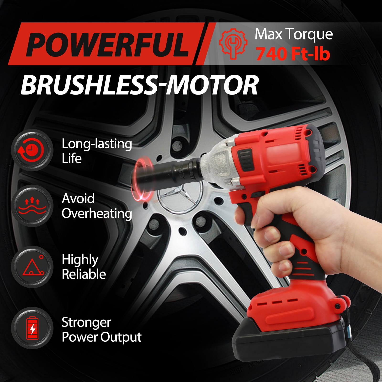 Baokaler Cordless Impact Wrench, Max Torque 740 Ft-lbs Impact Gun 1/2 inch, High Efficiency Brushless Motor with Fast Charger and 2 Battery