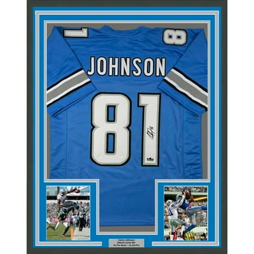 Framed Facsimile Autographed Calvin Johnson 35x39 Detroit Blue Reprint Laser Auto Football Jersey