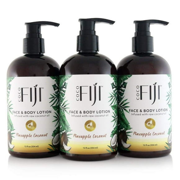 Loción facial y corporal Coco Fiji con aceite de coco | Loción para Piel Seca | Crema facial hidratante y loción de masaje para mujeres y hombres | Piña Coco 12 oz Paquete de 3
