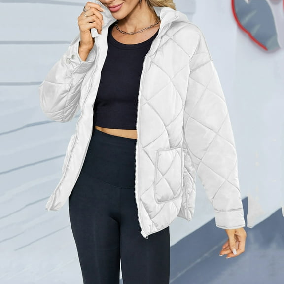 Fnooota Womens Puffer Jacket, Hooded Zip up Warm Mid Length Winter Coats Outerwear White Size M