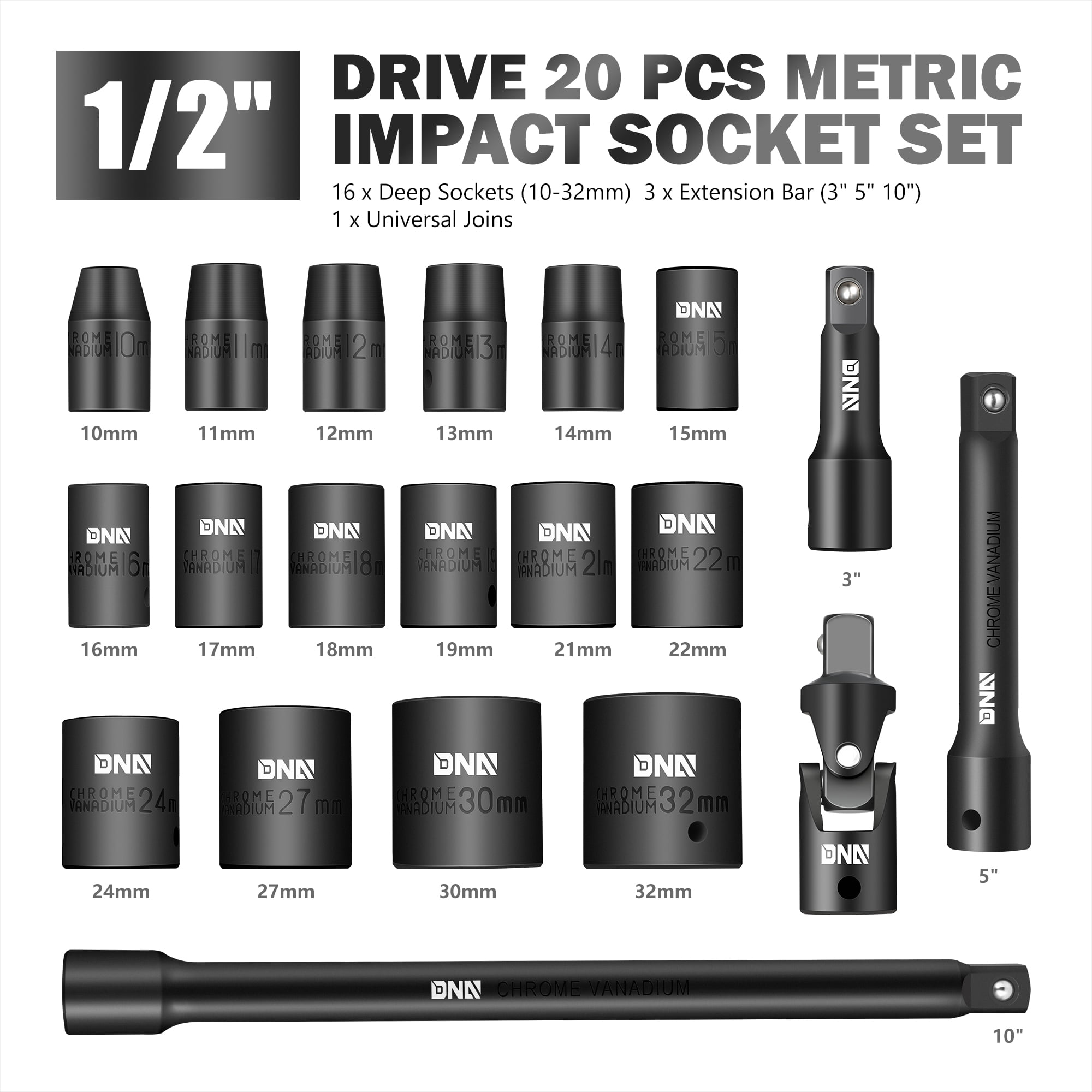 DNA Motoring TOOLS-00148 20 Pcs 1/2" Drive Metric Deep Impact Socket Set 10-32mm w/ Extension Bars & Joint With Carry Case