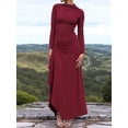 thumbnail image 5 of Women'S Solid Color Long Sleeve Crew Neck Ruched Waist Flowy A Line High Low Midi Irregular Split Dress Wine Red S, 5 of 6