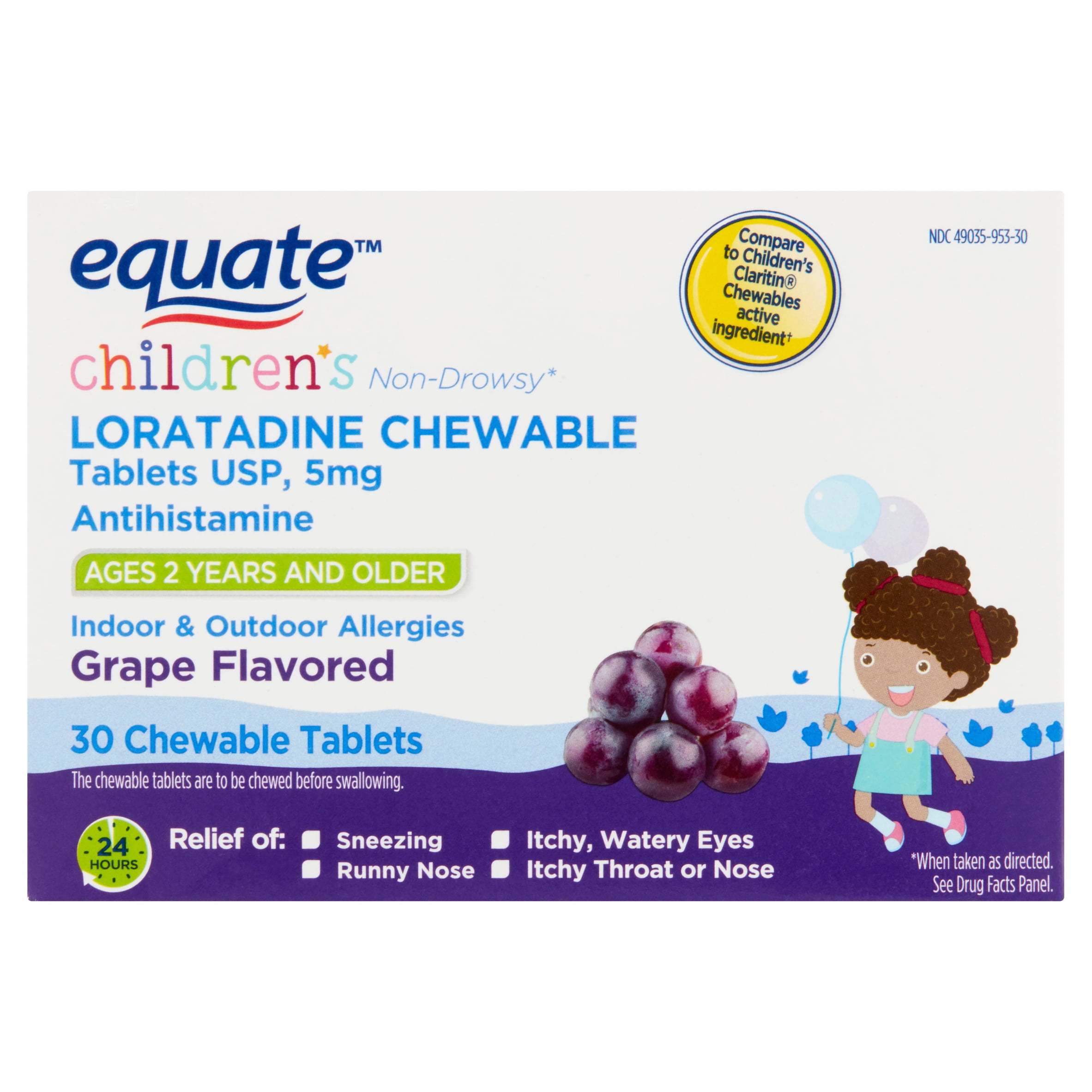 Equate Children's Loradatine Chewable Tablets 5mg, Grape, 30 Ct