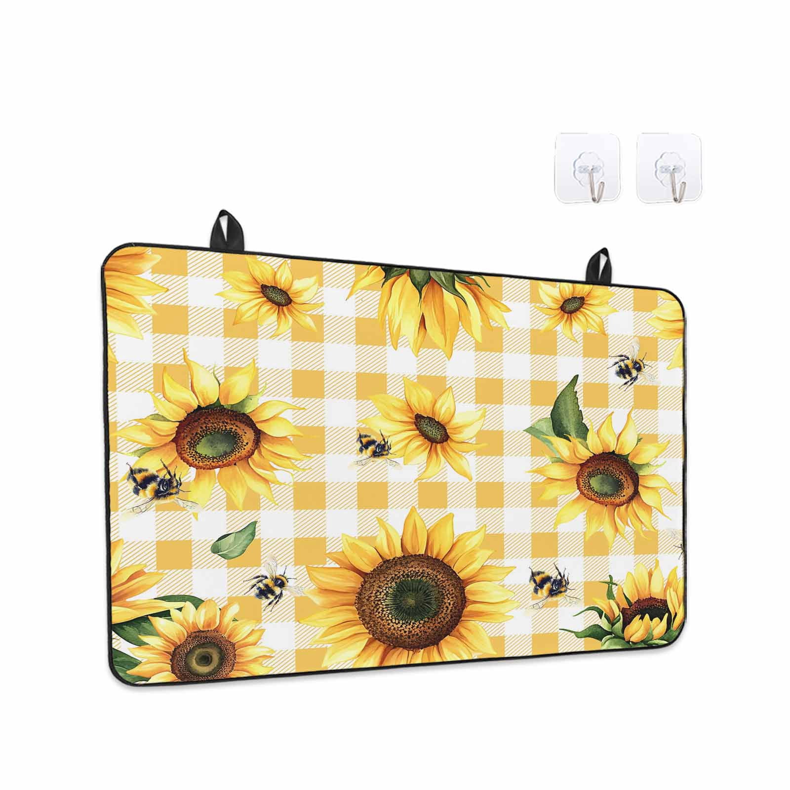 Yellow Sunflower Stove Top Cover for Electric Stove, Heat-proof & Non Slip Glass Top Stove Cover Protector, Vintage Country Bee Plaid Ginger Check Kitchen Flat Cooktop Rubber Mat 31x24 Inches