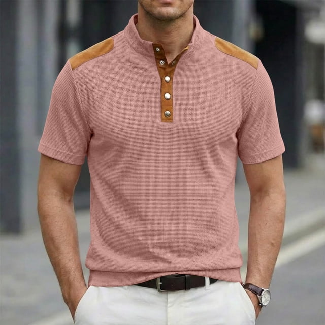 Ceisia Men's Loose Fit Ribbed Polo Shirt Short Sleeve Stand Collar Color Block Casual Daily Summer Tops Pink S Gifts