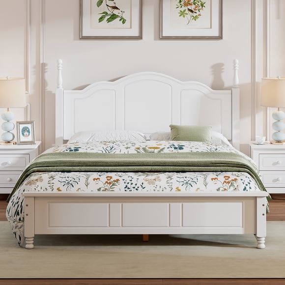Retro Style Queen Platform Bed Frame - White Wood Bed Frame with Slats